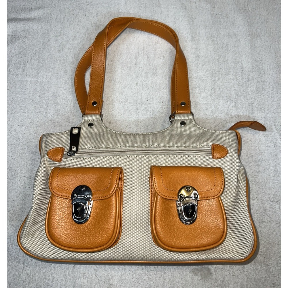 Zipper Hobo Bag Purse Pocketbook Linen Leather Orange Tan Pockets